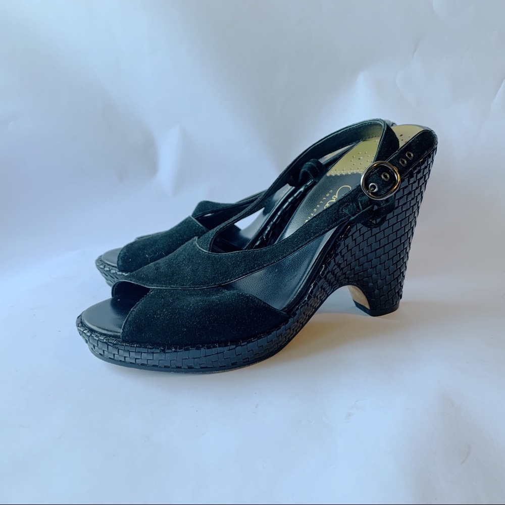 Cole Haan // Black Suede Criss Cross Woven Wedge Heels 6